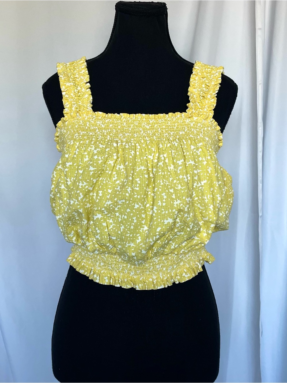 Smocked Ruffle Strap Crop Tank Top Yellow & White Size S Prairie Coastal Cowgirl